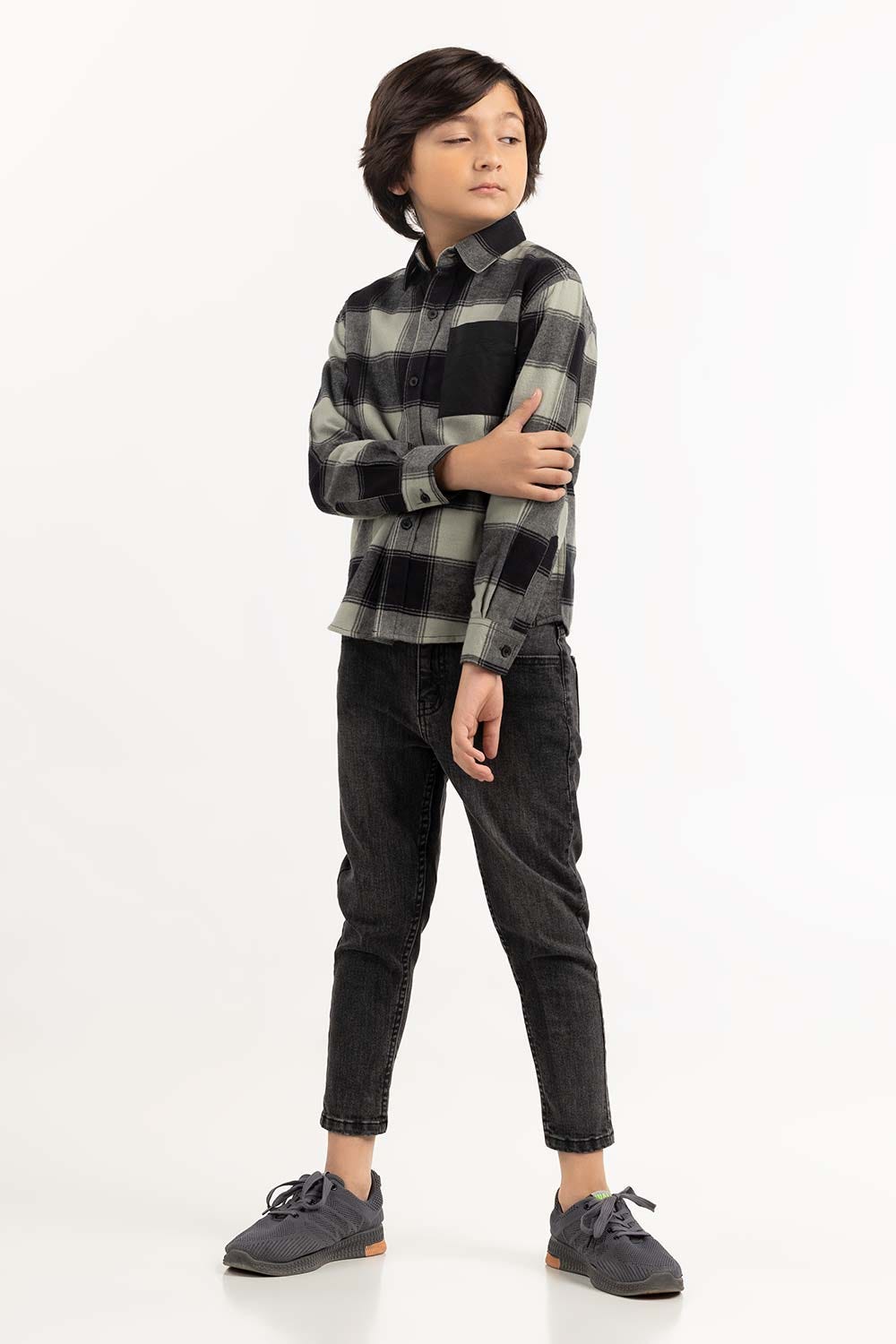 Junior Boy Green And Black Casual Shirt 224-317-006