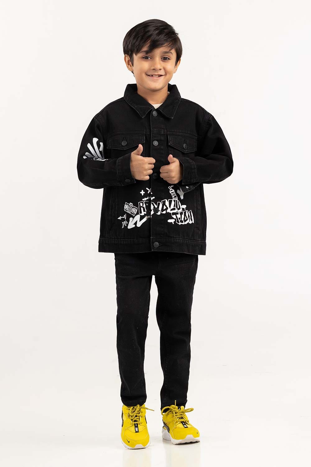 Junior Boy Jet Black Collared Denim Jacket 224-310-046