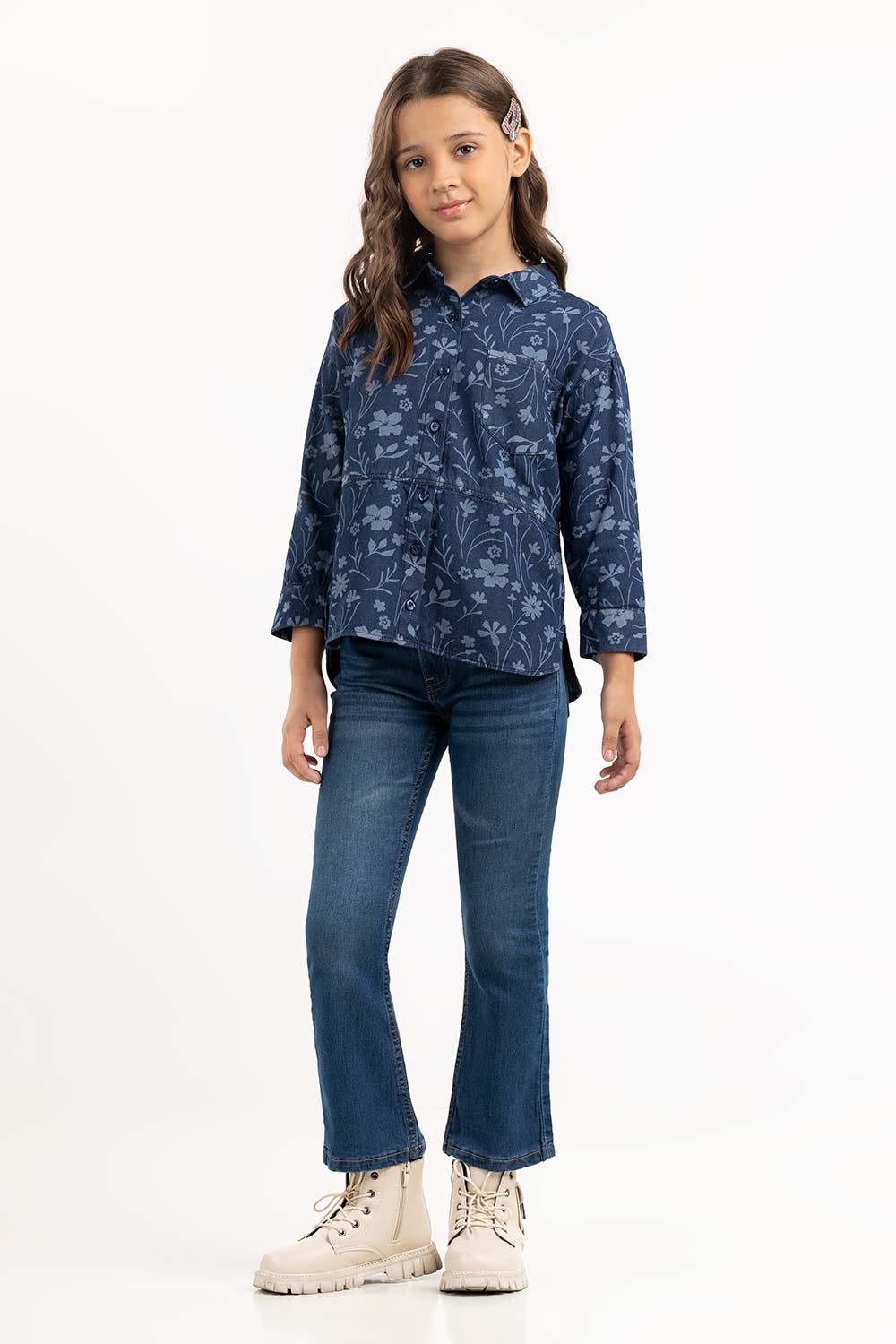 Junior Girl Blue Woven Shirt 224-417-015