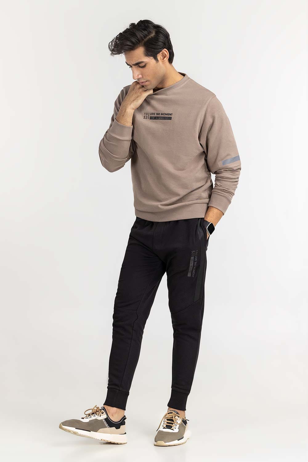 Khaki Basic Cut & Sew Graphic Sweat Shirt SWS-F22-062