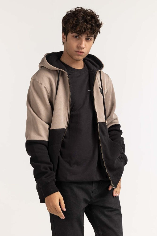 Khaki Black Textured Fashion Hooded Zipper MN-HDZ-WS23-010