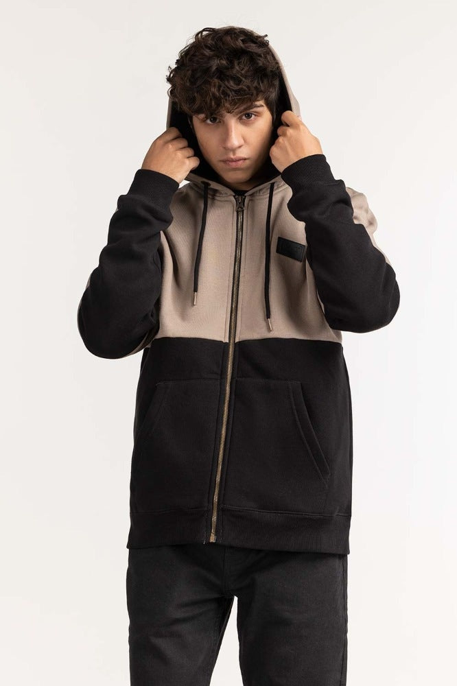 Khaki Black Textured Fashion Hooded Zipper MN-HDZ-WS23-010