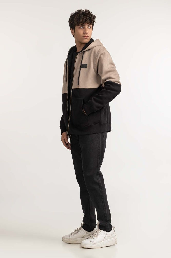 Khaki Black Textured Fashion Hooded Zipper MN-HDZ-WS23-010