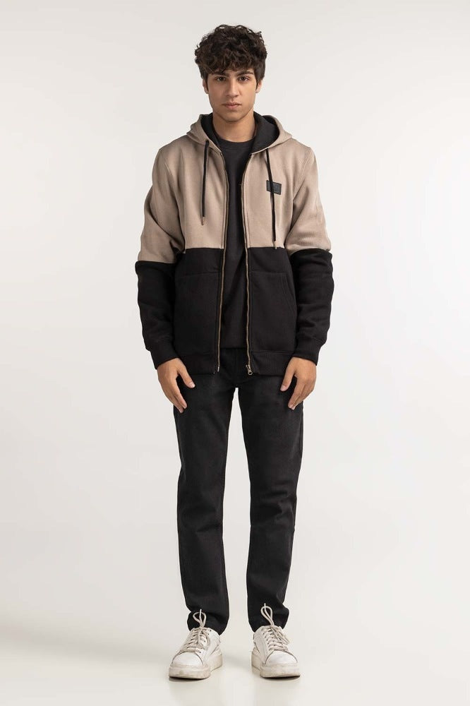 Khaki Black Textured Fashion Hooded Zipper MN-HDZ-WS23-010