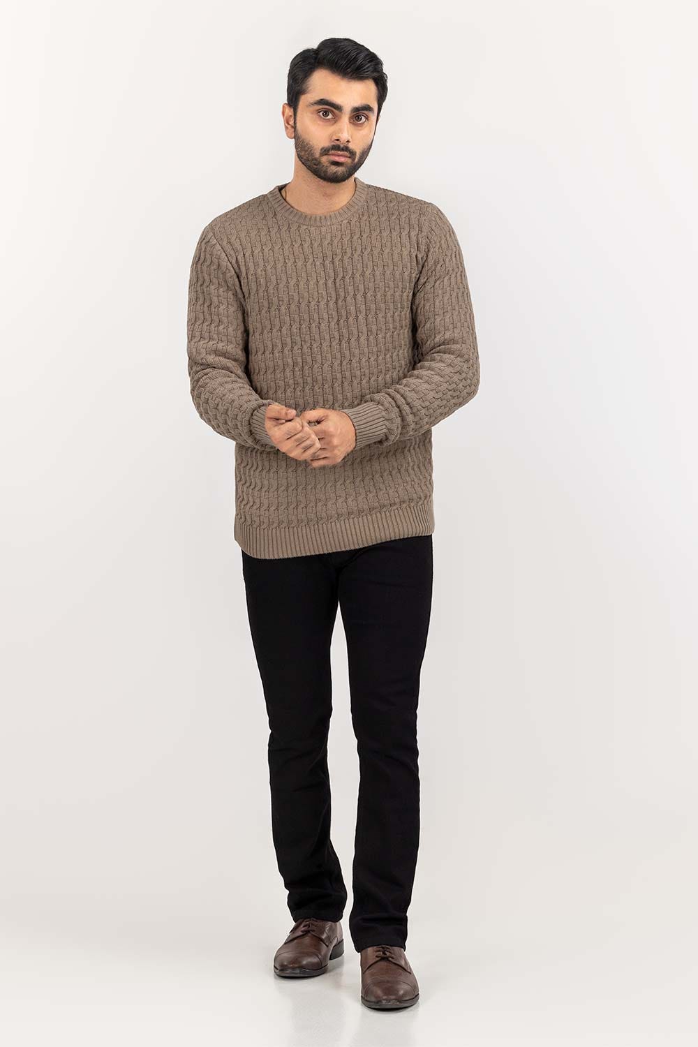 Khaki Textured Crew Neck Sweater SWT-FFSCN22-197