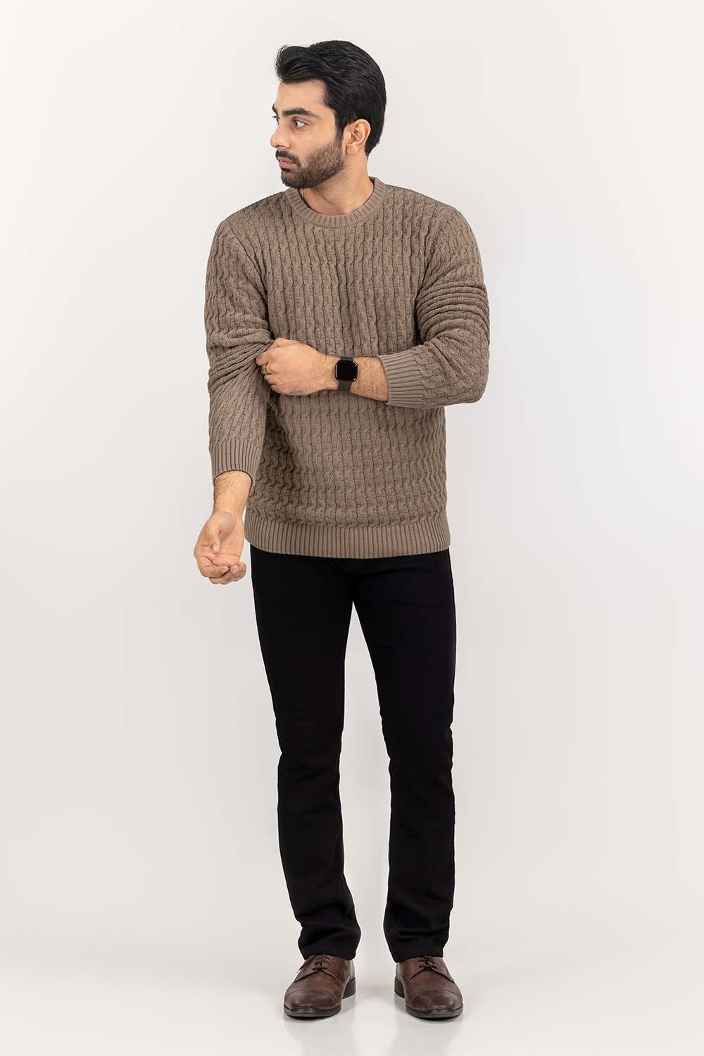 Khaki Textured Crew Neck Sweater SWT-FFSCN22-197