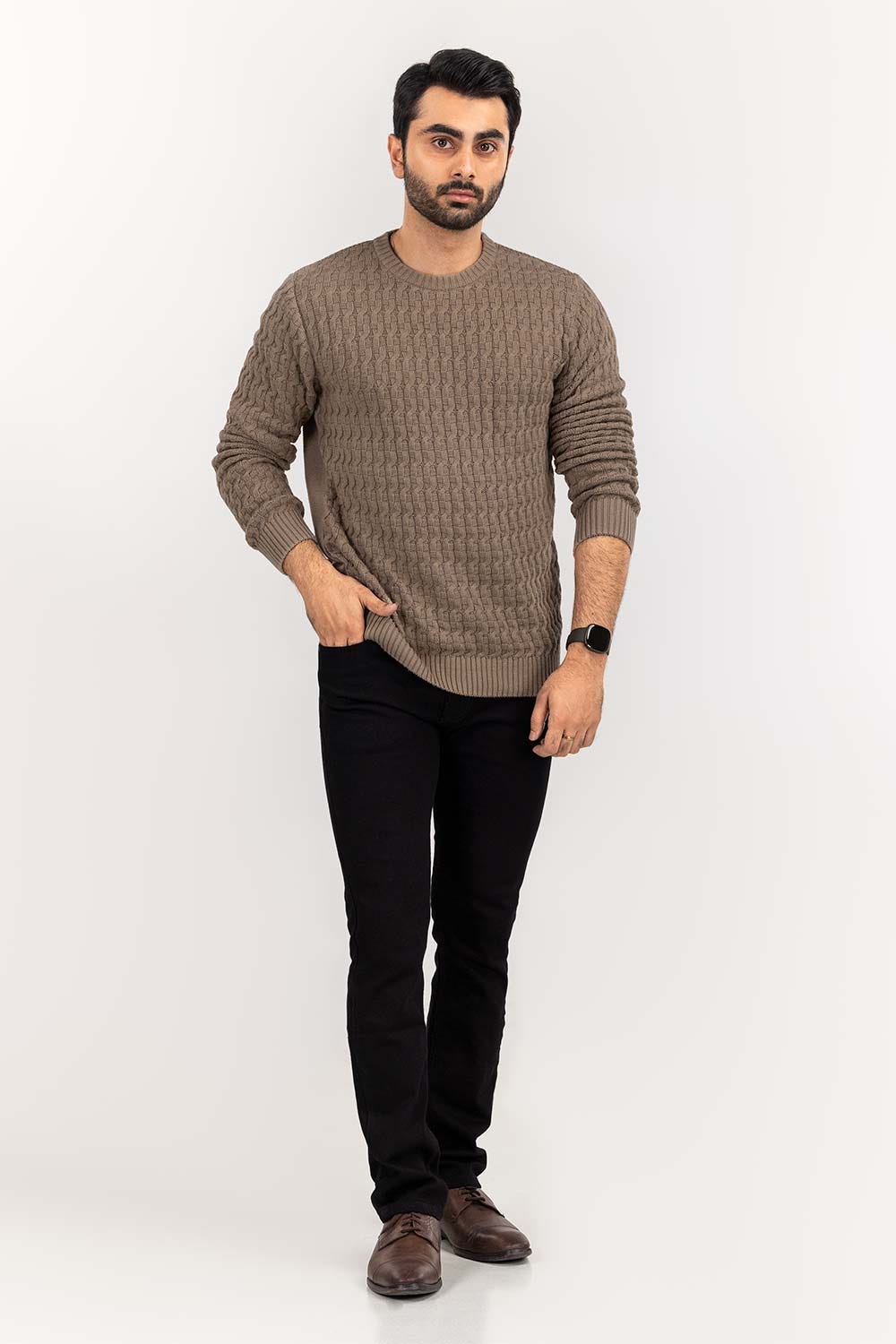 Khaki Textured Crew Neck Sweater SWT-FFSCN22-197