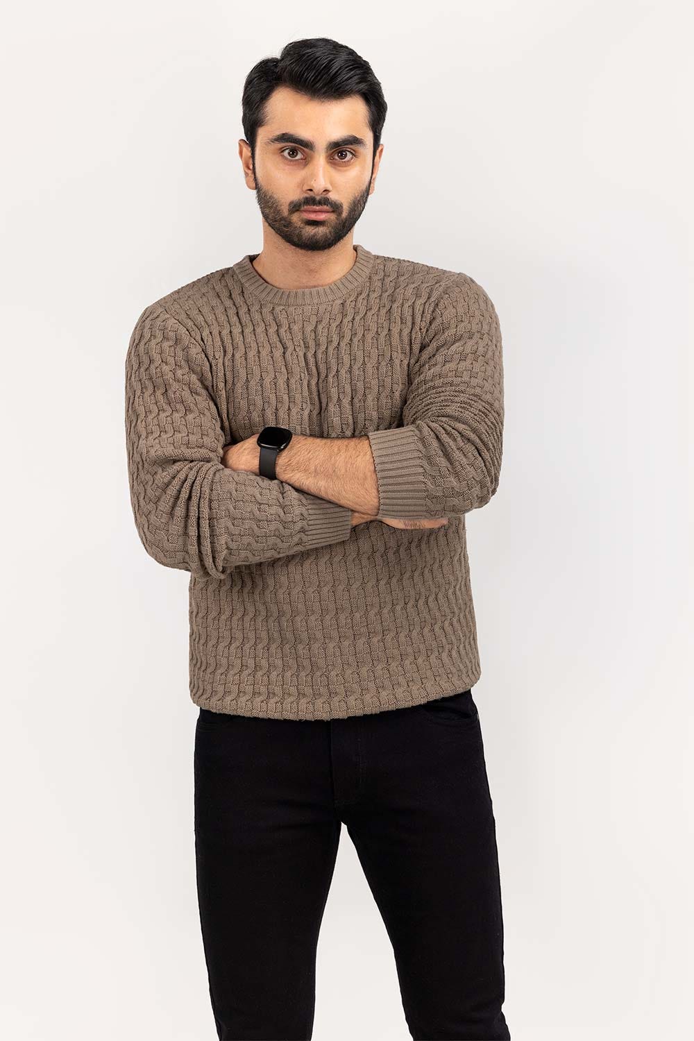 Khaki Textured Crew Neck Sweater SWT-FFSCN22-197