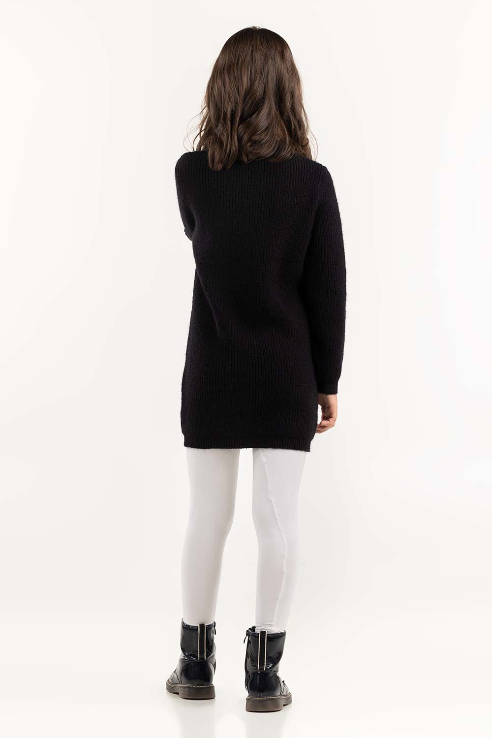 Junior Girl Black Knit Long Sweater With Round Neck 224-414-300