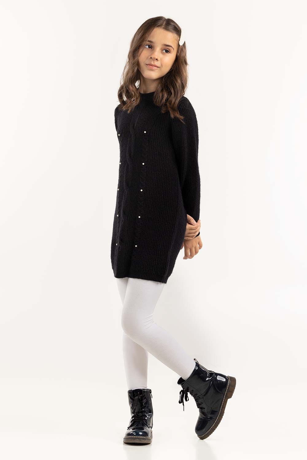 Junior Girl Black Knit Long Sweater With Round Neck 224-414-300