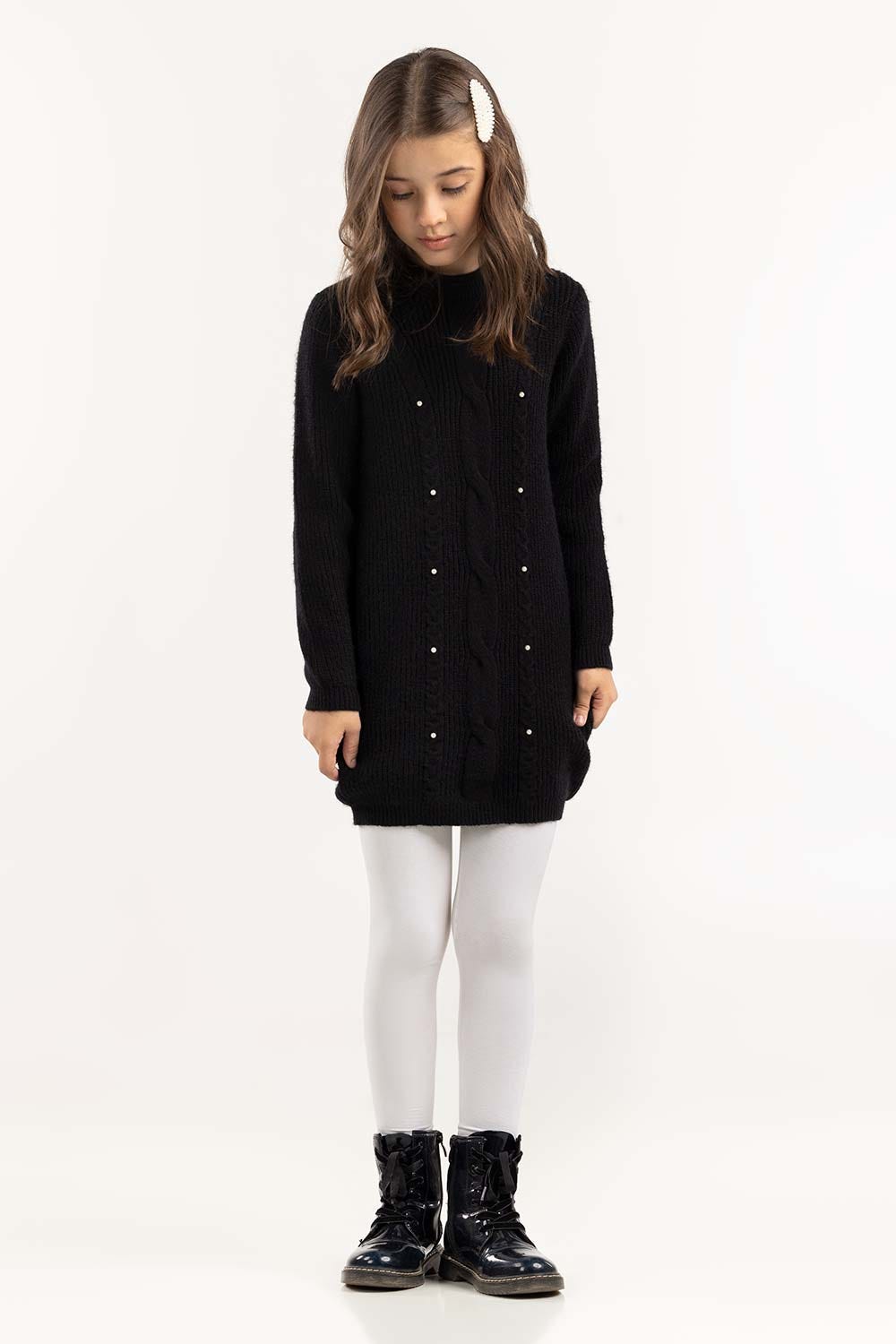 Junior Girl Black Knit Long Sweater With Round Neck 224-414-300