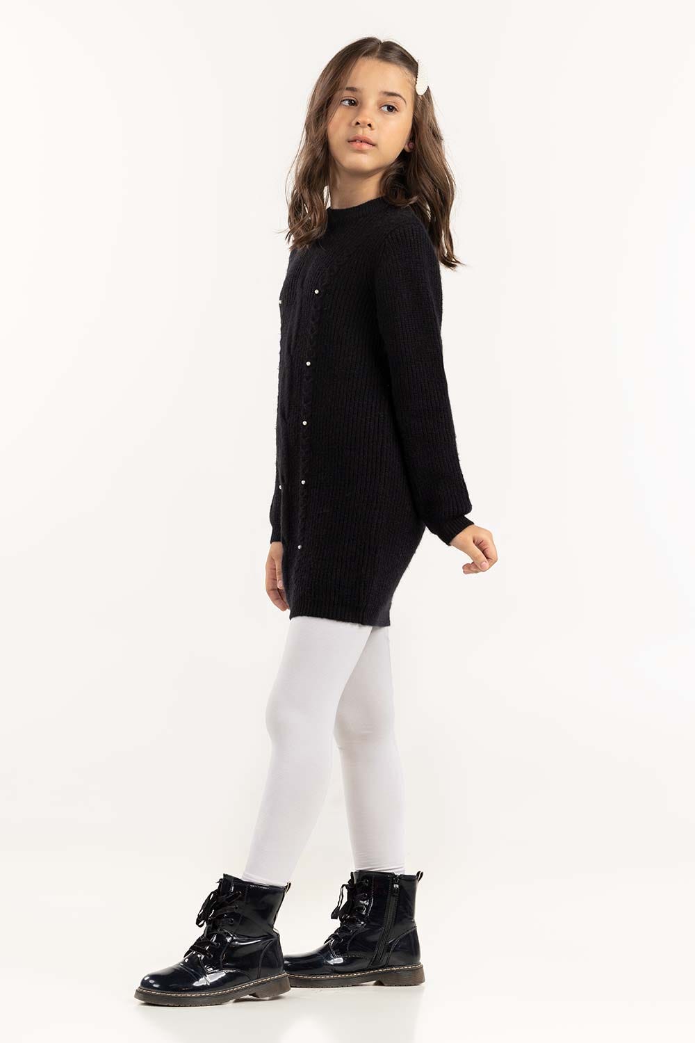 Junior Girl Black Knit Long Sweater With Round Neck 224-414-300