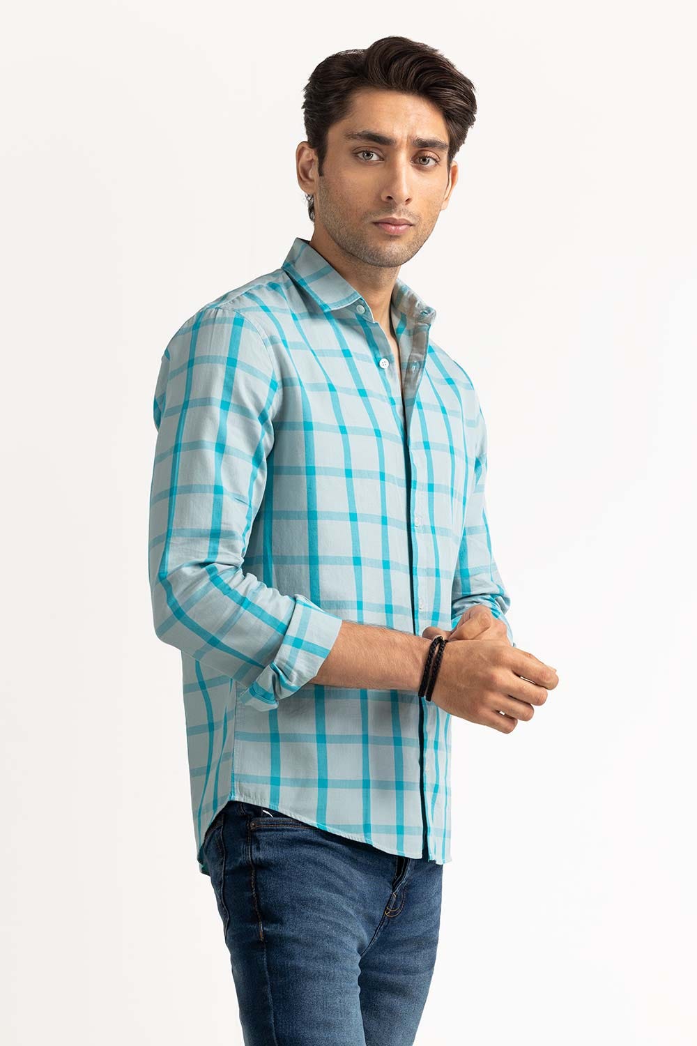 Light Blue Yarn Dyed Checkered Casual Shirt MN-CS-YD23-018