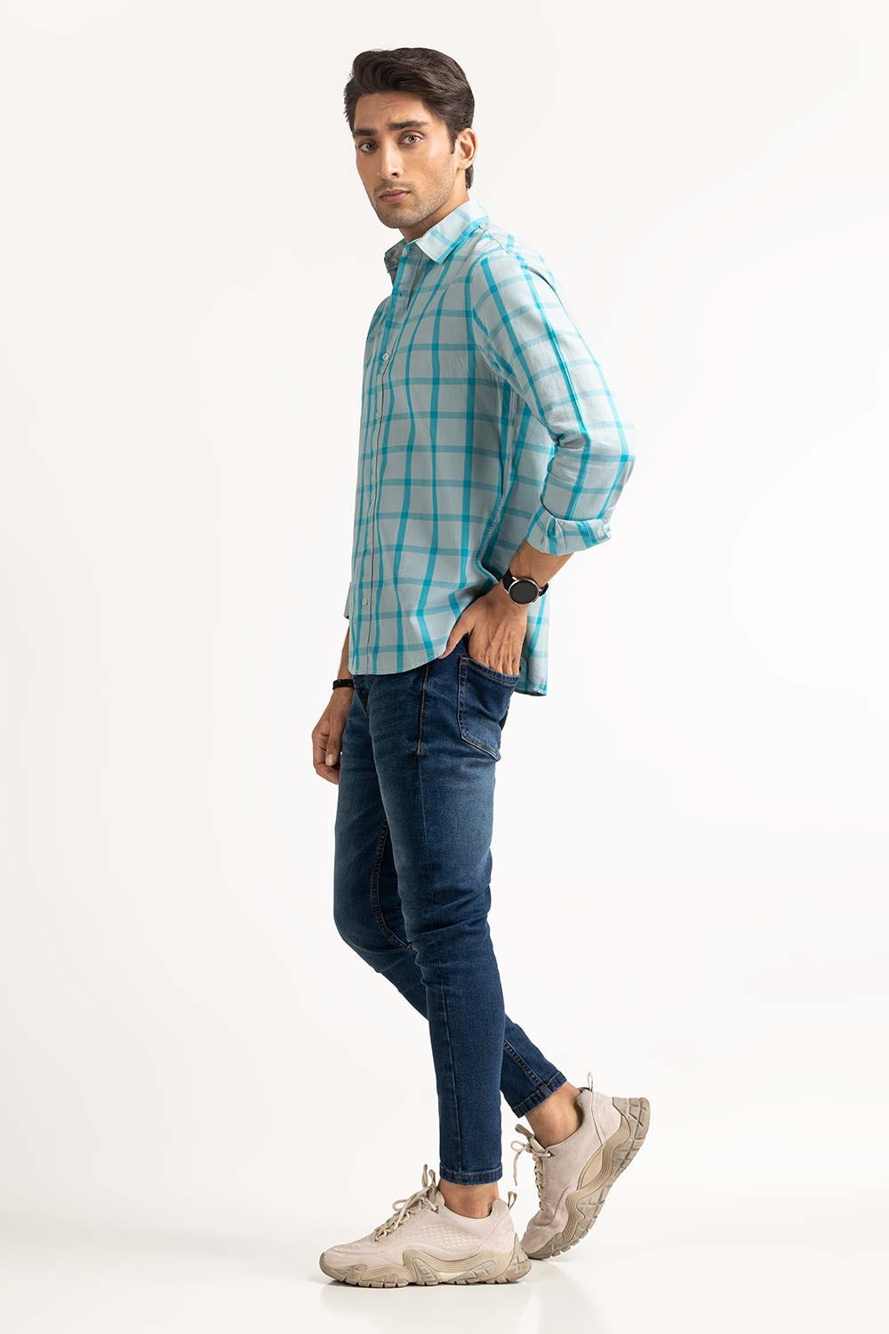 Light Blue Yarn Dyed Checkered Casual Shirt MN-CS-YD23-018