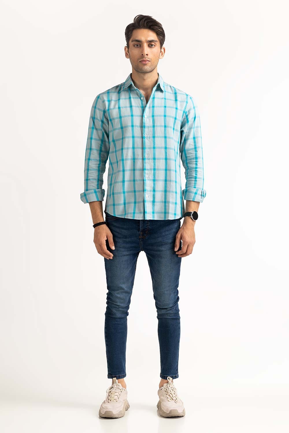 Light Blue Yarn Dyed Checkered Casual Shirt MN-CS-YD23-018