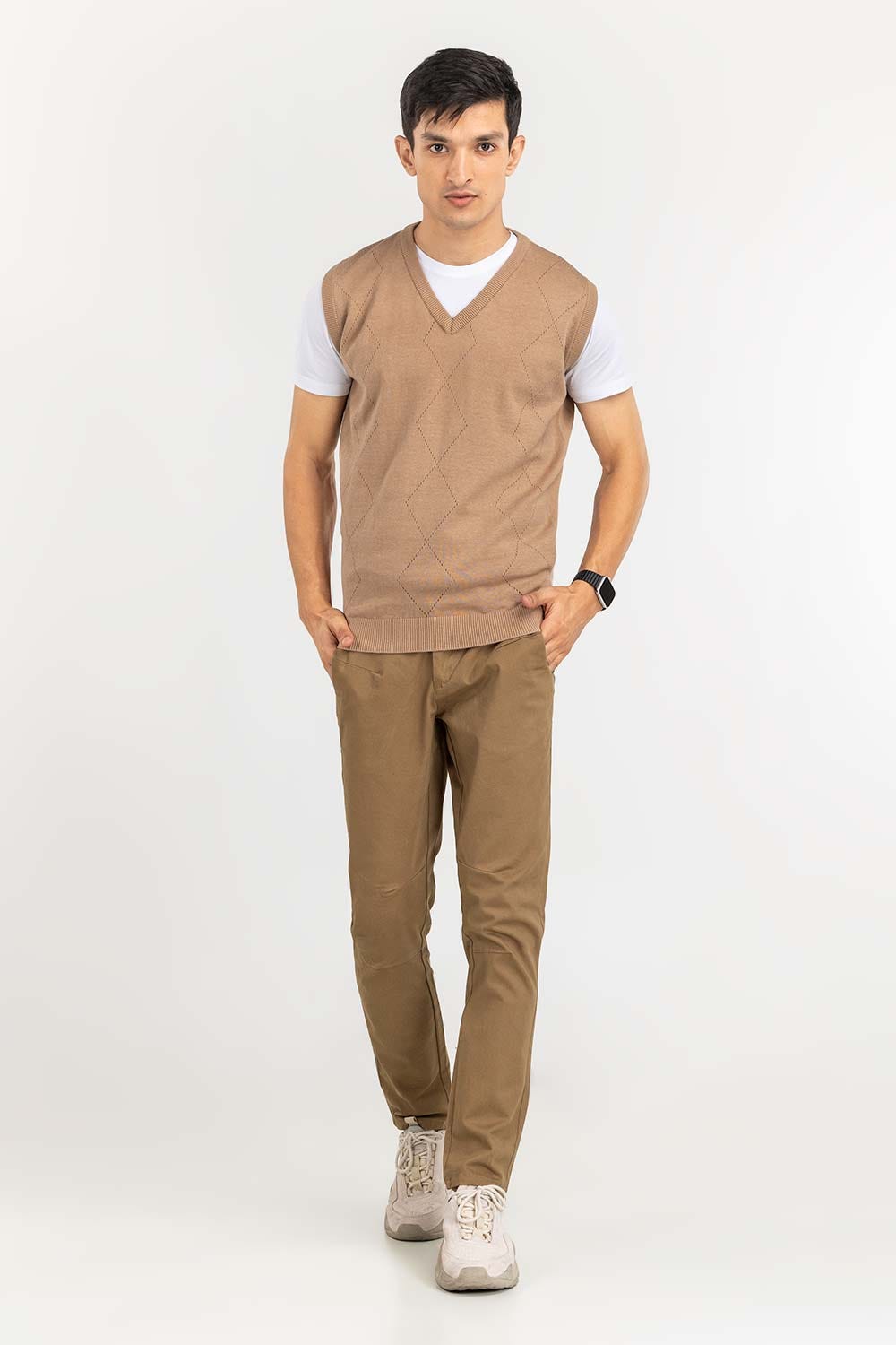 Light Brown Textured Crew Neck Sleeveless Sweater SWT-FSLVN22-136