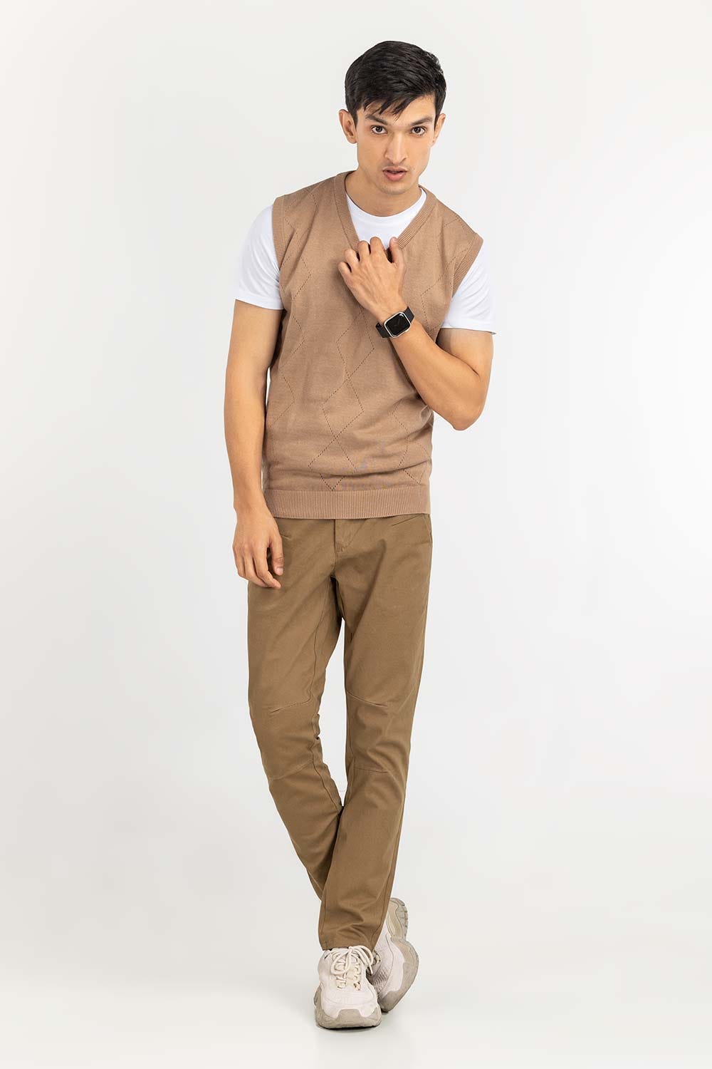 Light Brown Textured Crew Neck Sleeveless Sweater SWT-FSLVN22-136