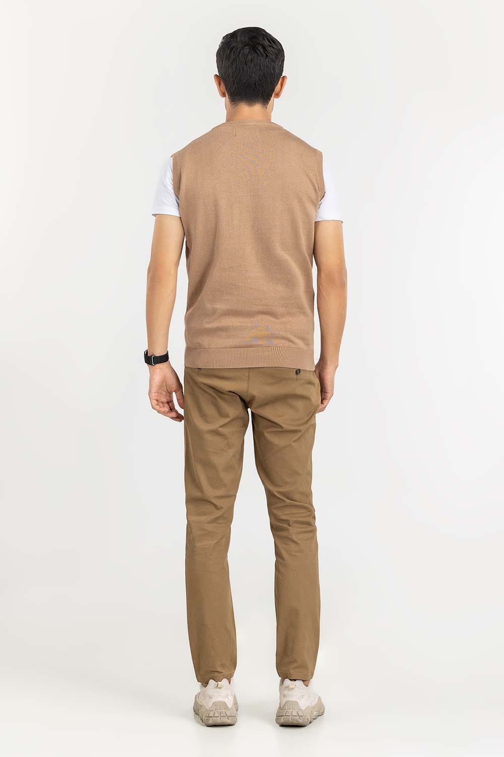 Light Brown Textured Crew Neck Sleeveless Sweater SWT-FSLVN22-136