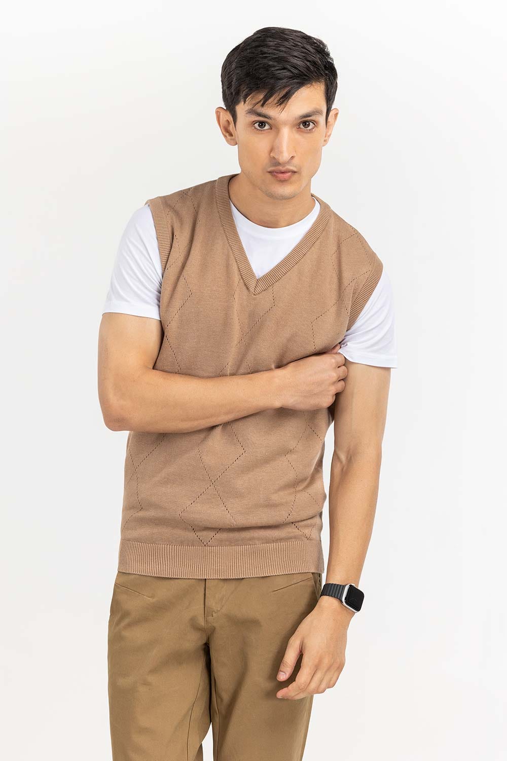 Light Brown Textured Crew Neck Sleeveless Sweater SWT-FSLVN22-136