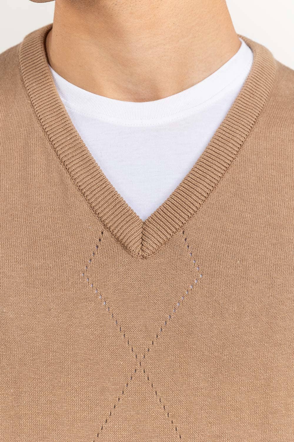 Light Brown Textured Crew Neck Sleeveless Sweater SWT-FSLVN22-136