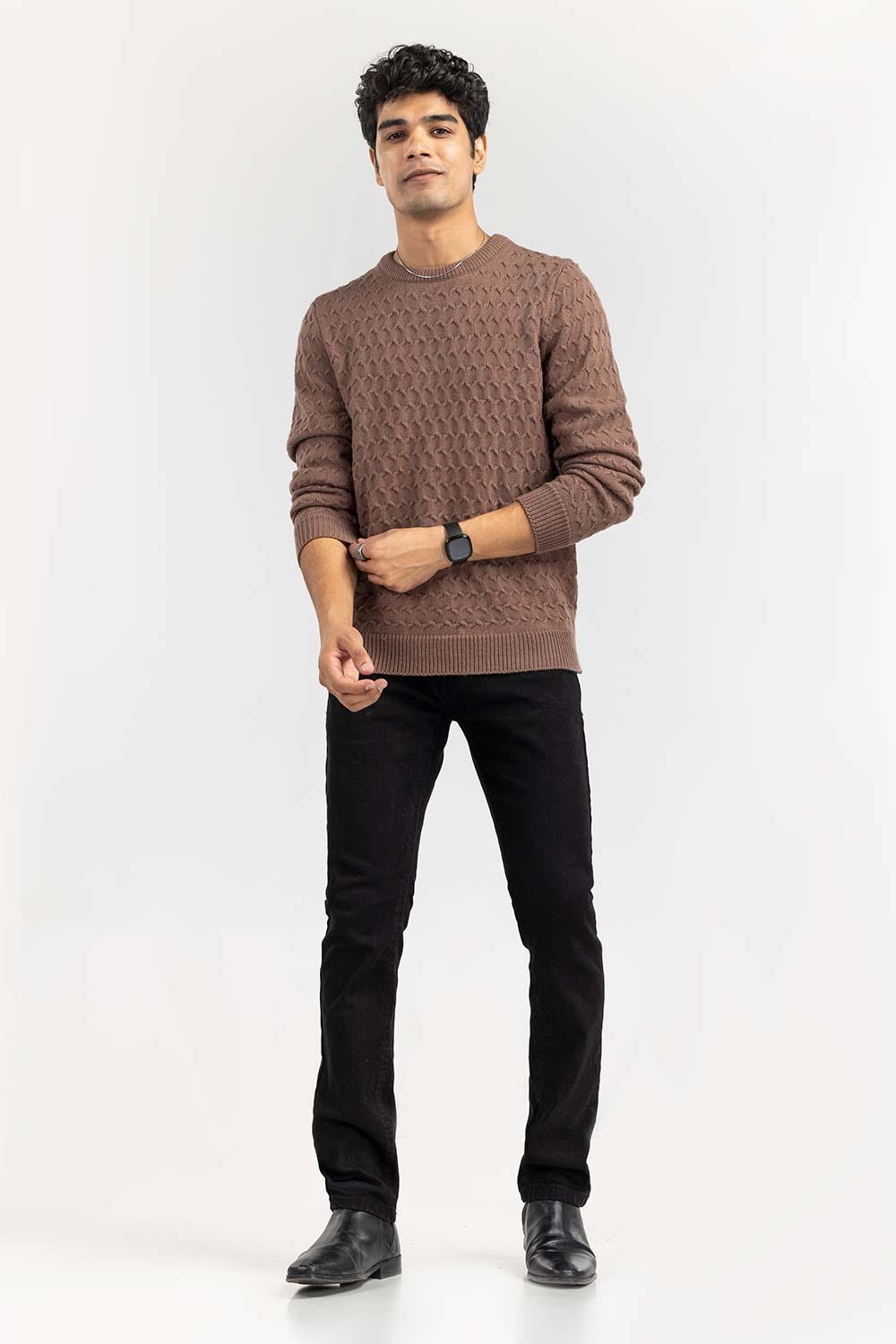Light Brown Textured Crew Neck Sweater SWT-FFSCN22-265