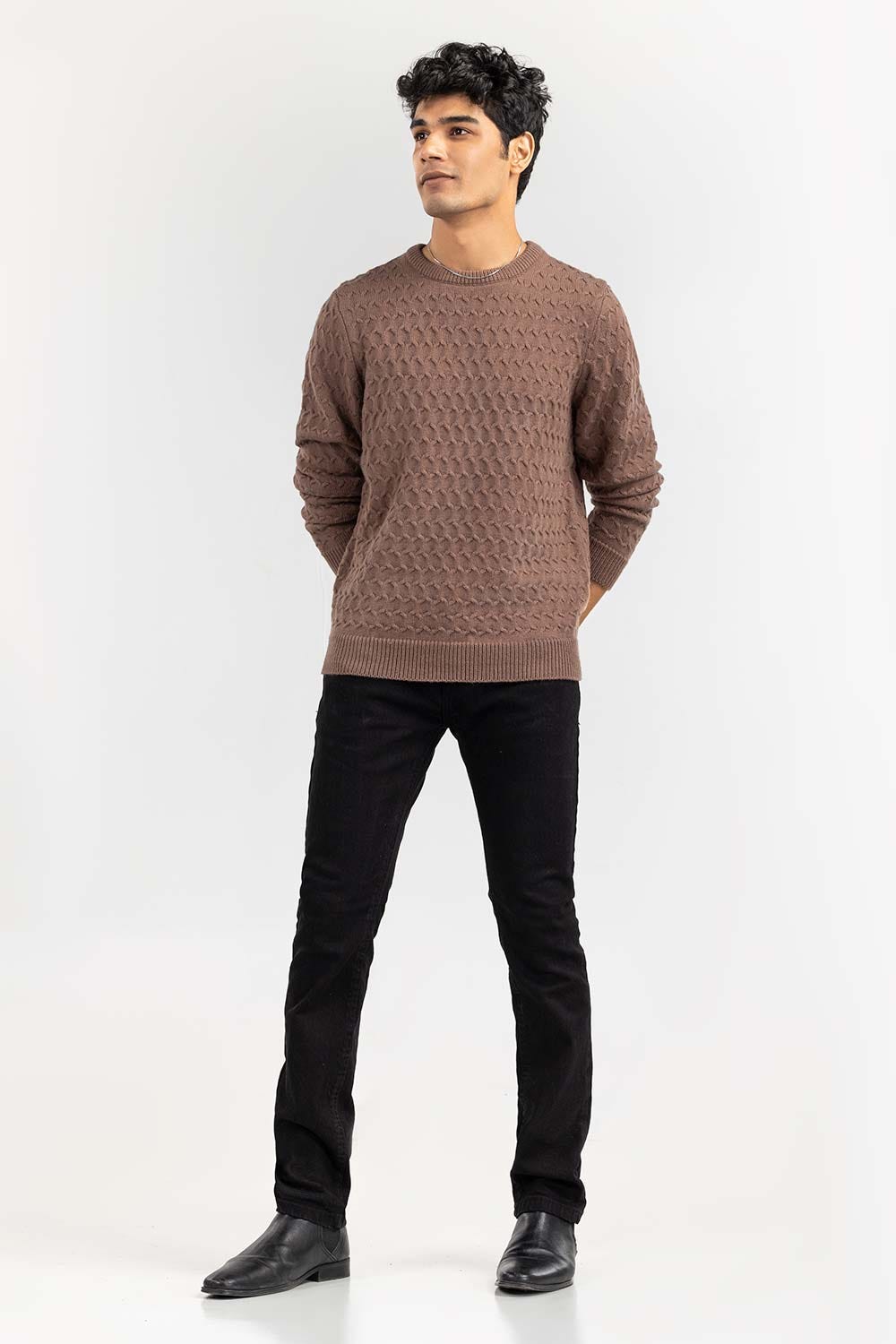 Light Brown Textured Crew Neck Sweater SWT-FFSCN22-265