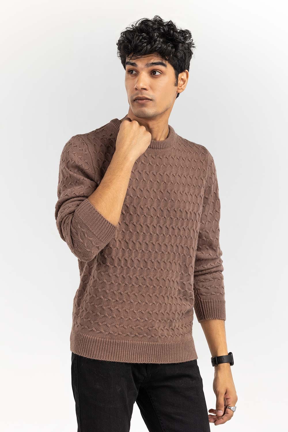 Light Brown Textured Crew Neck Sweater SWT-FFSCN22-265