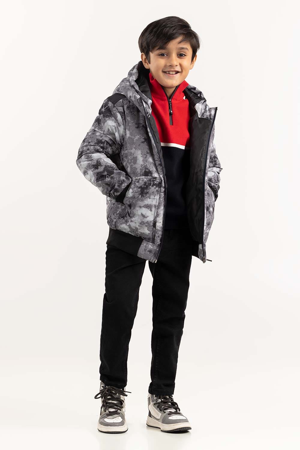 Junior Boy Light Grey Puffer Hooded Jacket 224-310-062