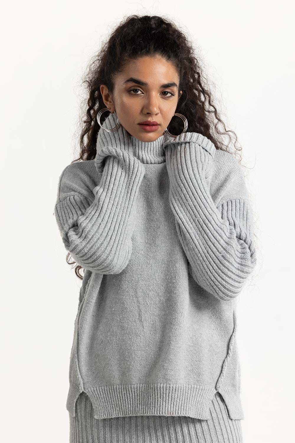 Grey Loose Fit Knit Sweater LP-576 Top