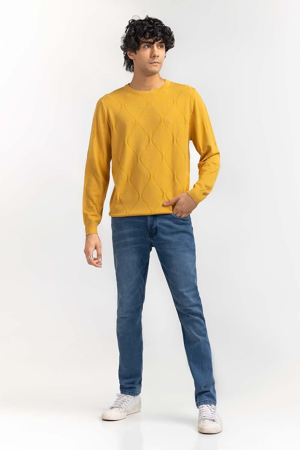 Light Mustard Textured Crew Neck Sweater SWT-FFSCN22-231