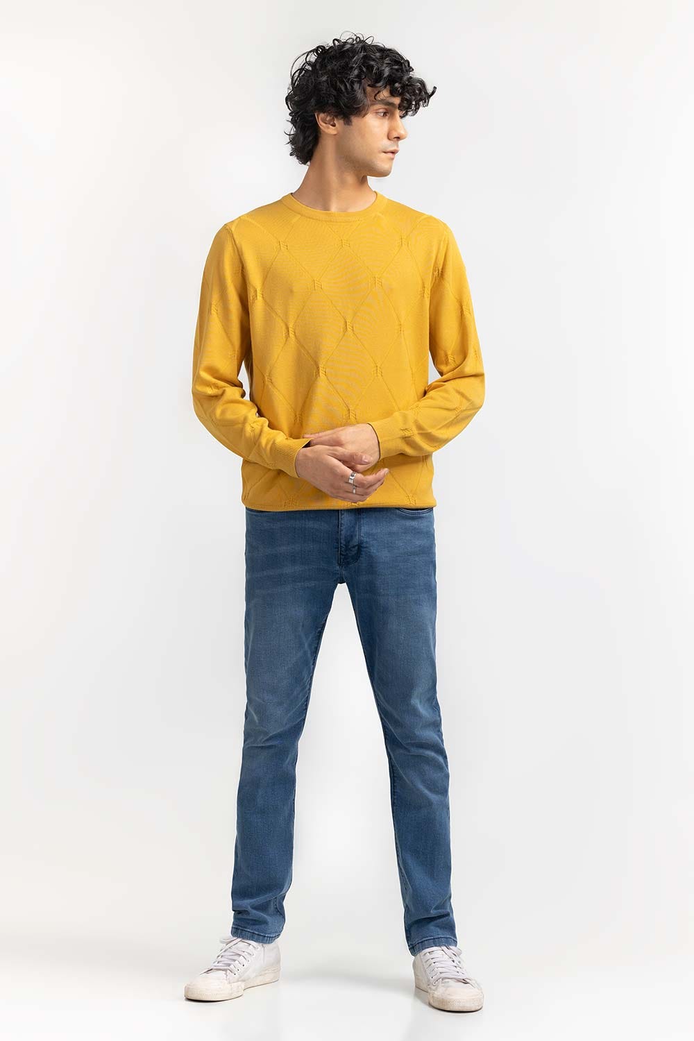 Light Mustard Textured Crew Neck Sweater SWT-FFSCN22-231