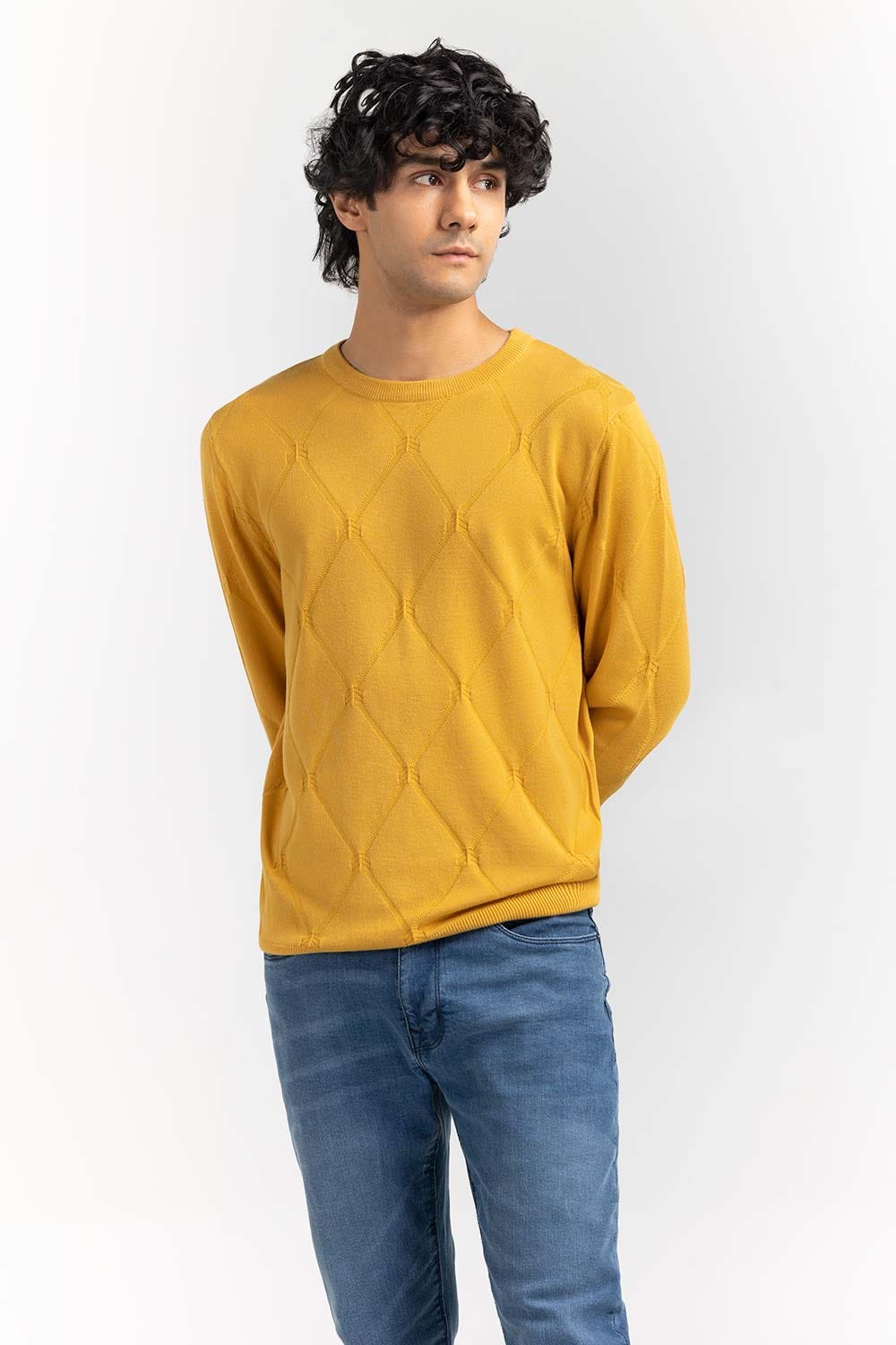 Light Mustard Textured Crew Neck Sweater SWT-FFSCN22-231