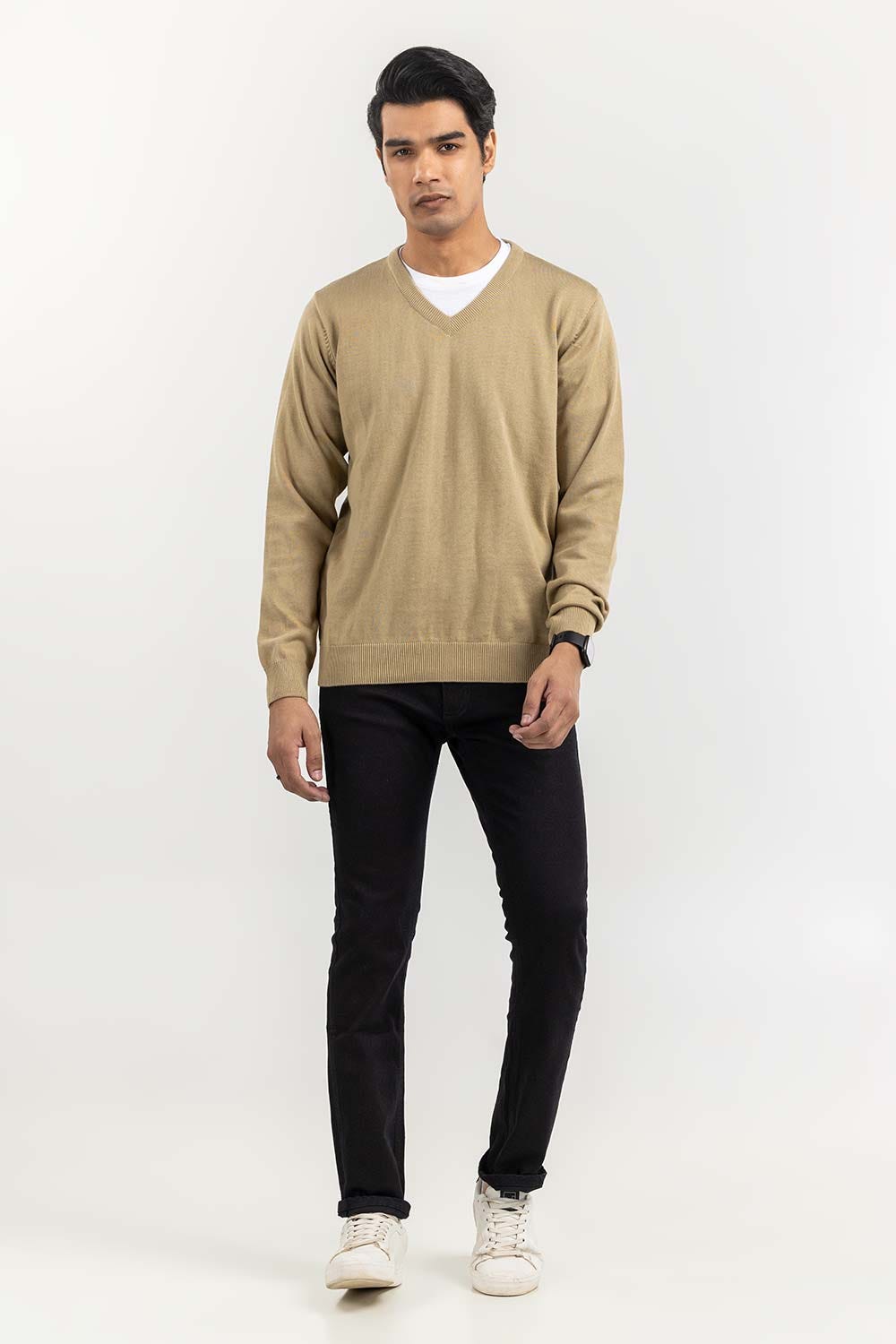 Light Olive Basic V Neck Sweater SWT-BFSVN-22-003