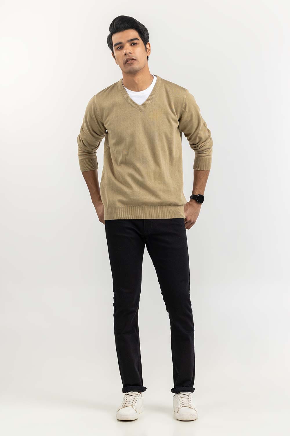 Light Olive Basic V Neck Sweater SWT-BFSVN-22-003