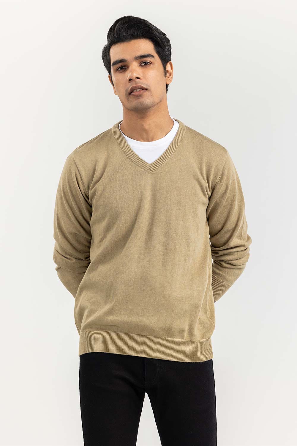 Light Olive Basic V Neck Sweater SWT-BFSVN-22-003