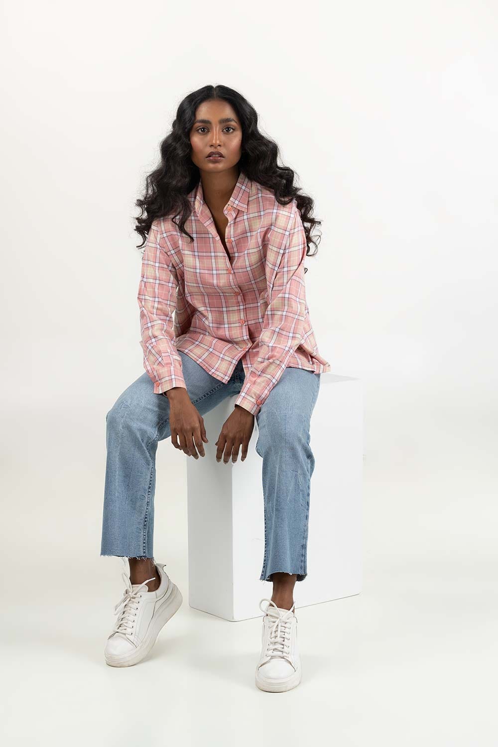Light Pink Checkered Button Down Shirt 224-217-013