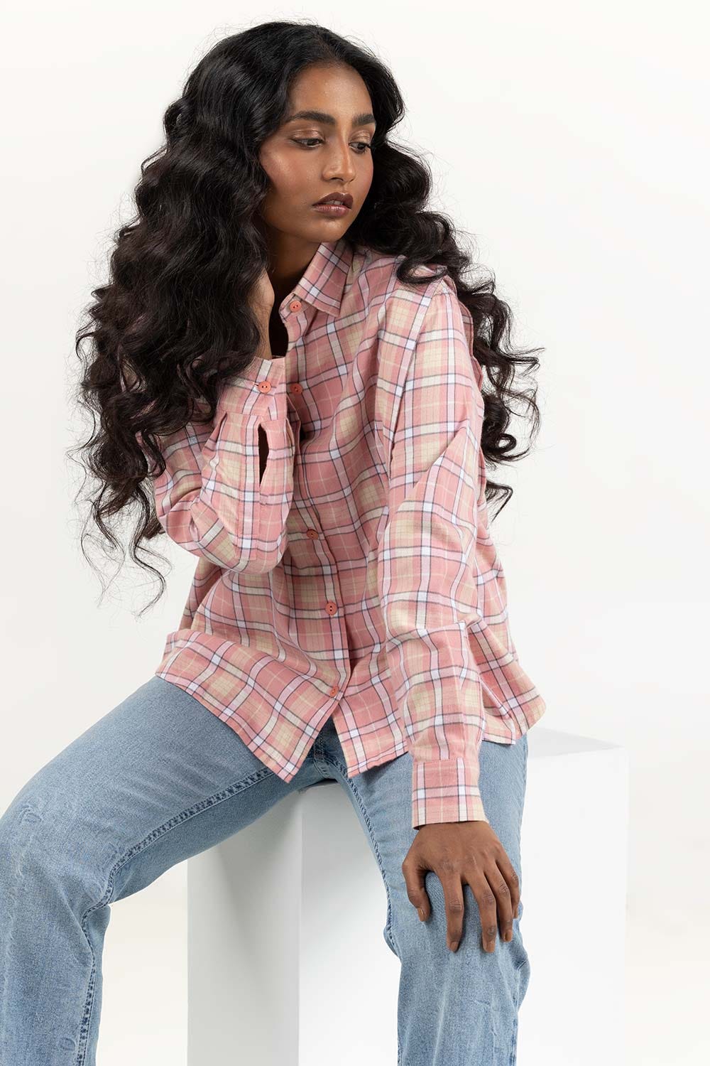 Light Pink Checkered Button Down Shirt 224-217-013