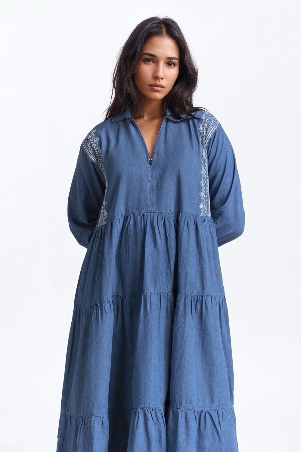Light Weight Denim V-Collar Dress WM-DRS-SS24-114