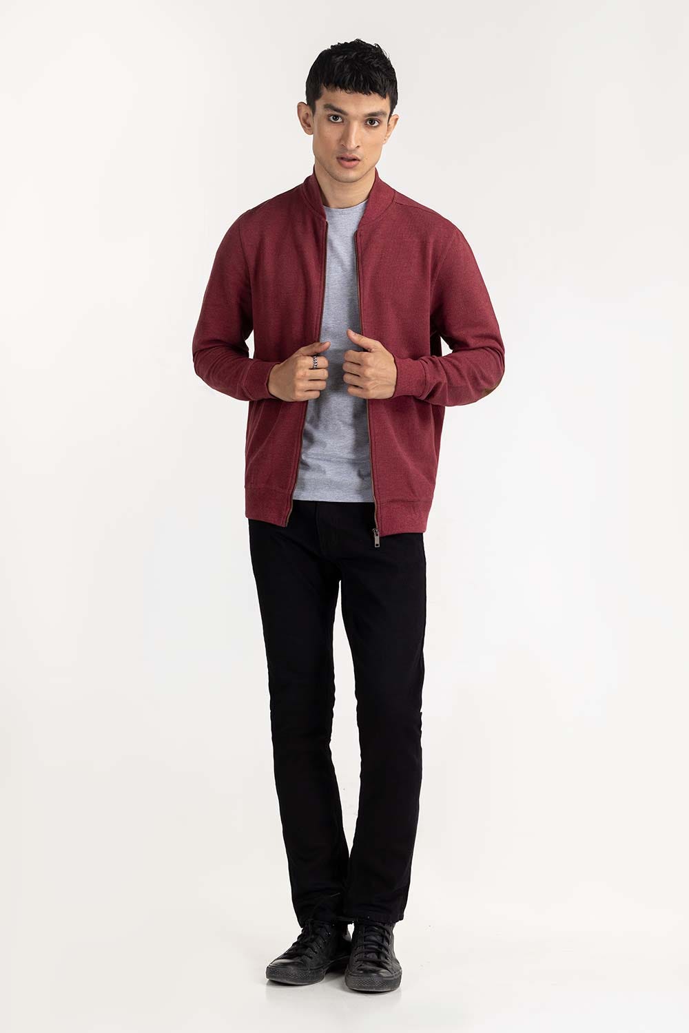 Maroon Basic Knitted Mock Neck Zipper Jacket JKT-KNTMNZ22-013