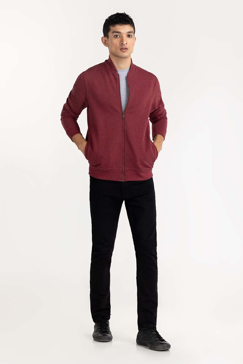 Maroon Basic Knitted Mock Neck Zipper Jacket JKT-KNTMNZ22-013