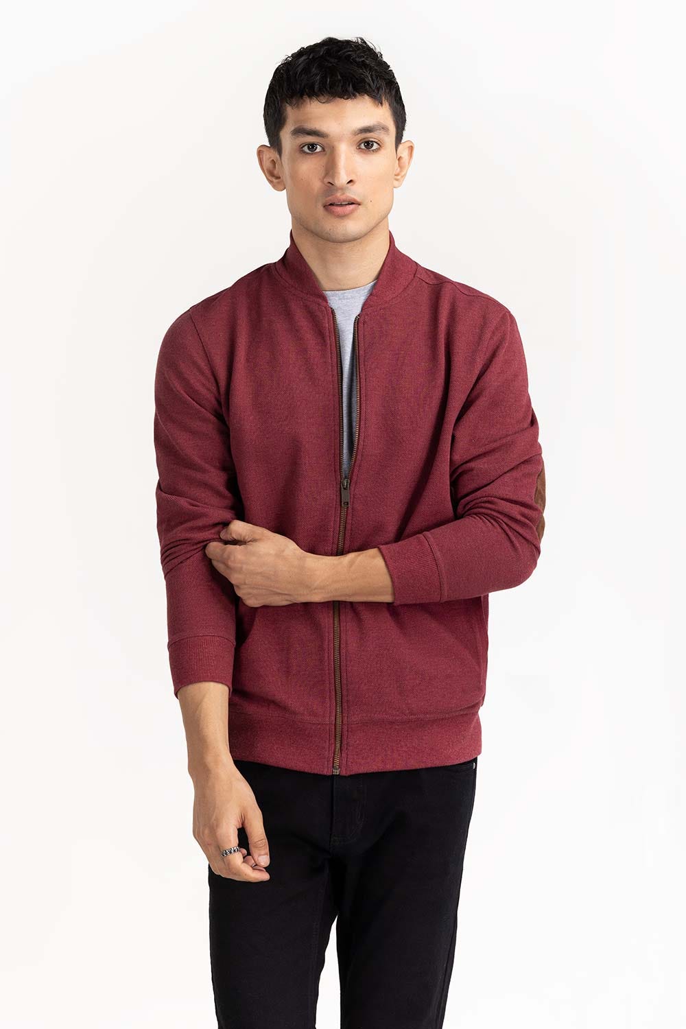 Maroon Basic Knitted Mock Neck Zipper Jacket JKT-KNTMNZ22-013