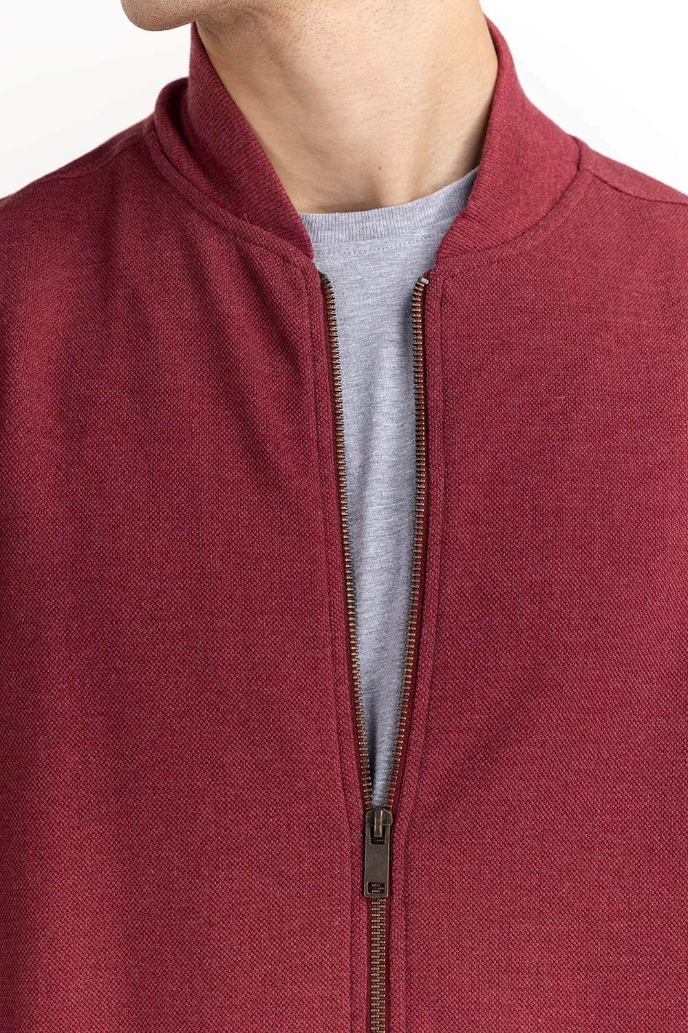 Maroon Basic Knitted Mock Neck Zipper Jacket JKT-KNTMNZ22-013