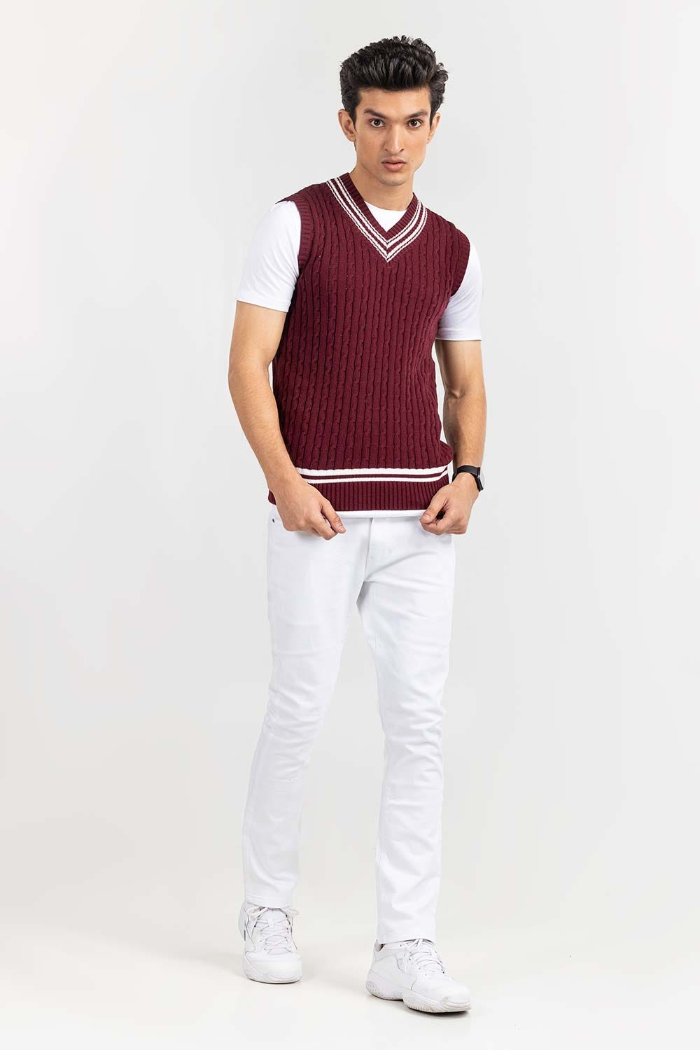 Maroon Cricket V Neck Sleeveless Sweater SWT-FSLVN22-161