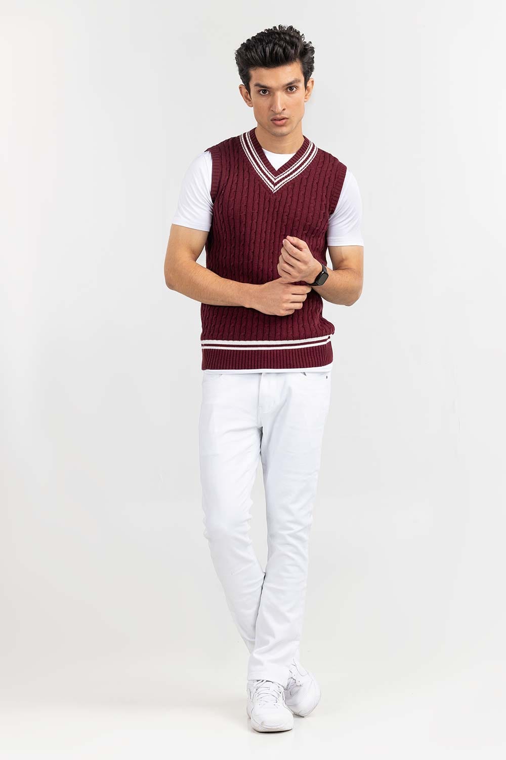 Maroon Cricket V Neck Sleeveless Sweater SWT-FSLVN22-161