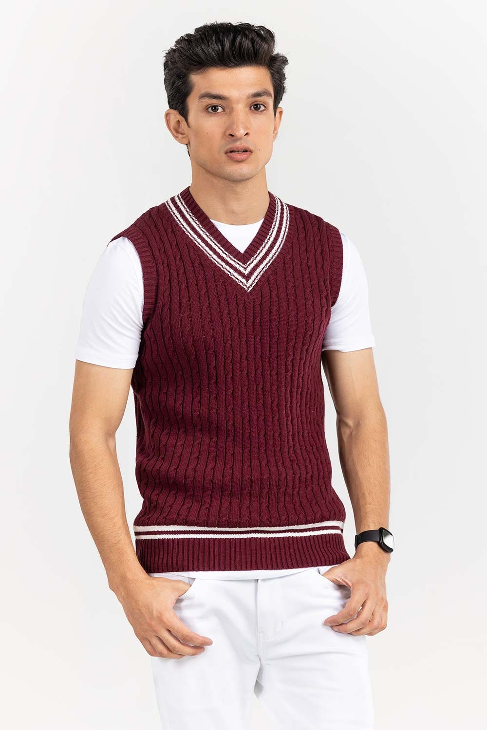Maroon Cricket V Neck Sleeveless Sweater SWT-FSLVN22-161