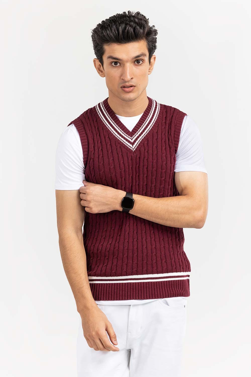 Maroon Cricket V Neck Sleeveless Sweater SWT-FSLVN22-161