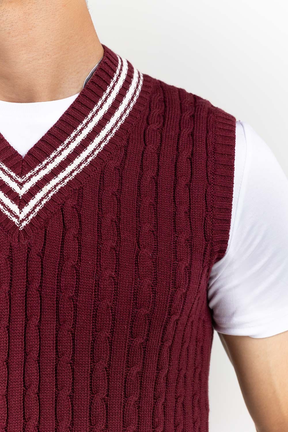 Maroon Cricket V Neck Sleeveless Sweater SWT-FSLVN22-161