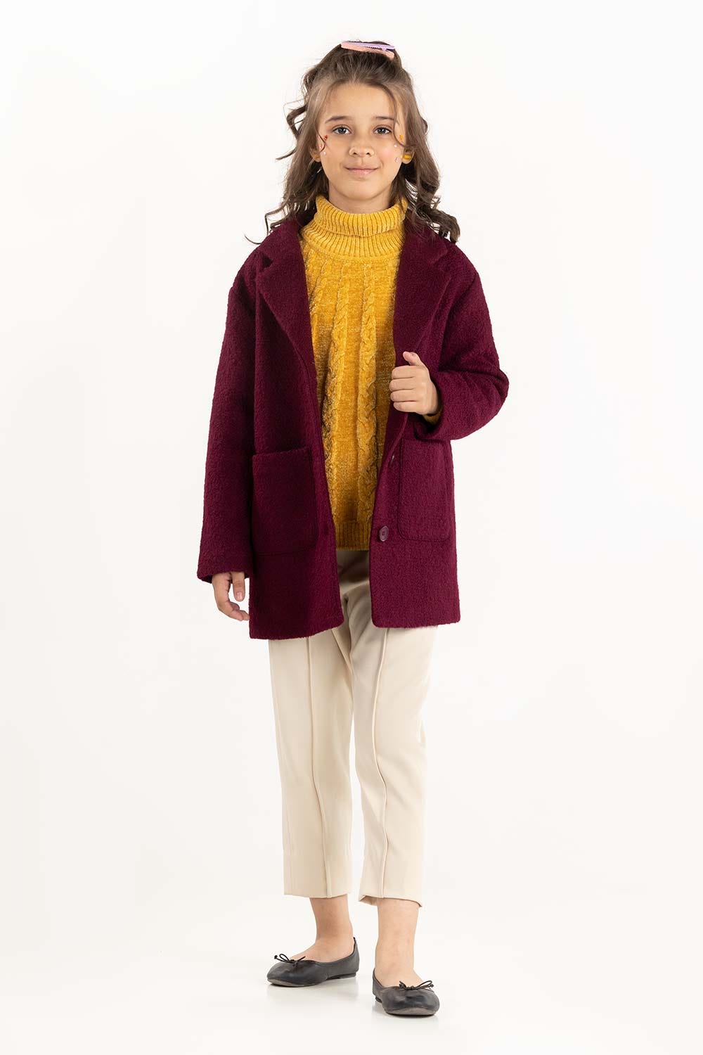 Junior Girl Maroon Long Coat With Long Sleeves 224-410-030