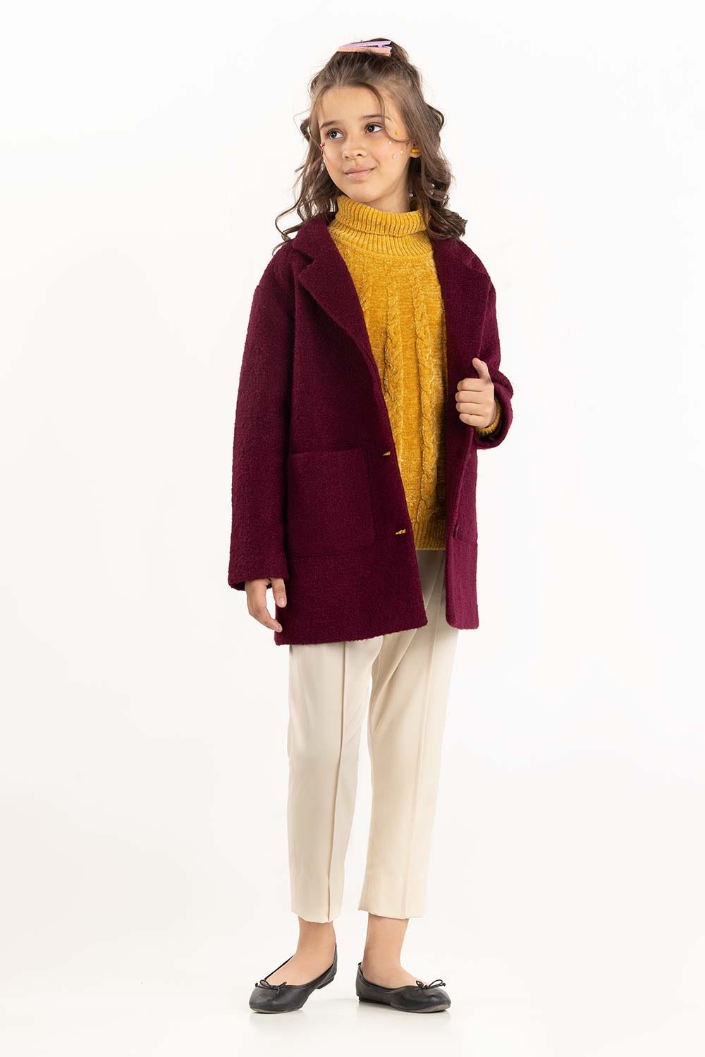 Junior Girl Maroon Long Coat With Long Sleeves 224-410-030