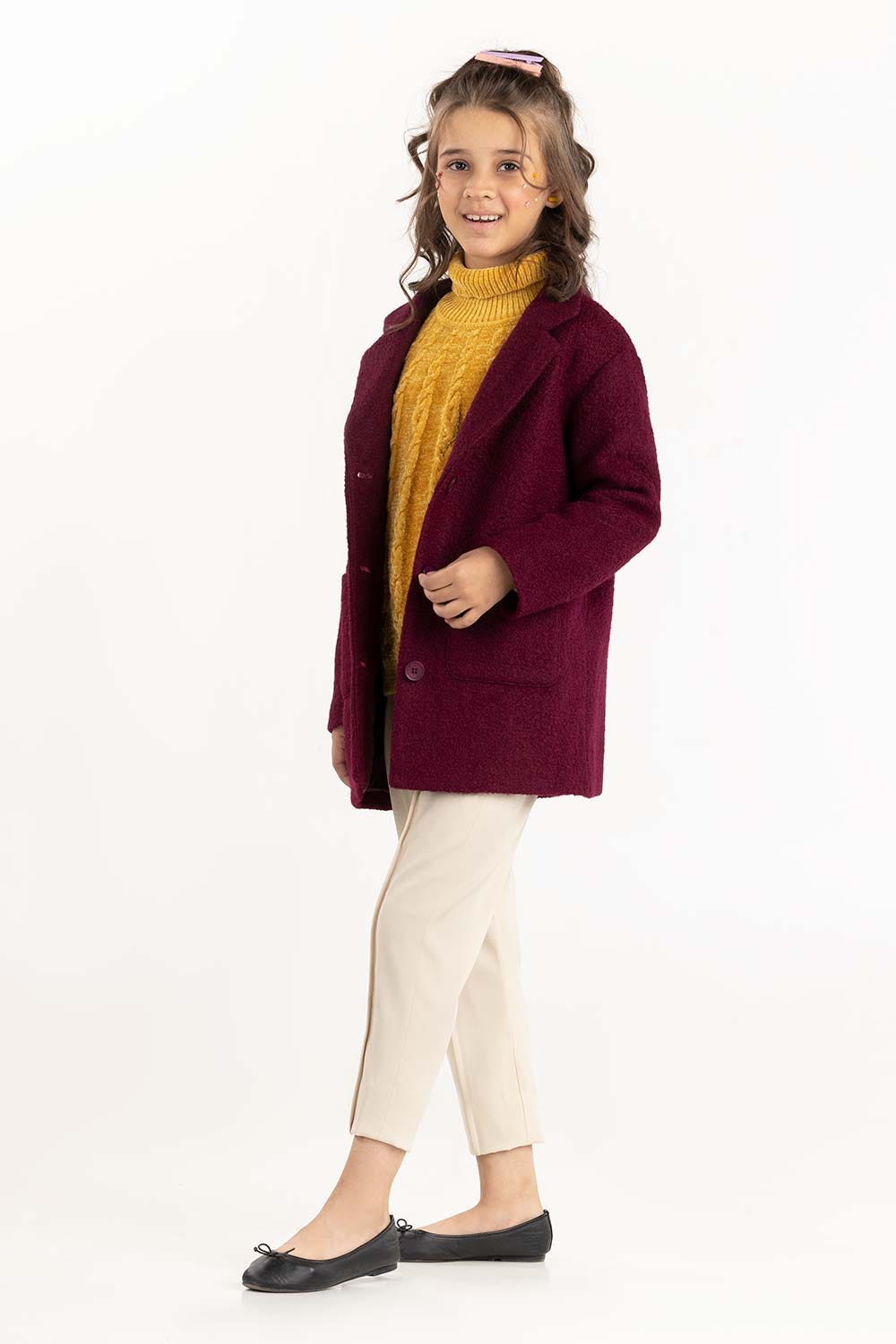 Junior Girl Maroon Long Coat With Long Sleeves 224-410-030